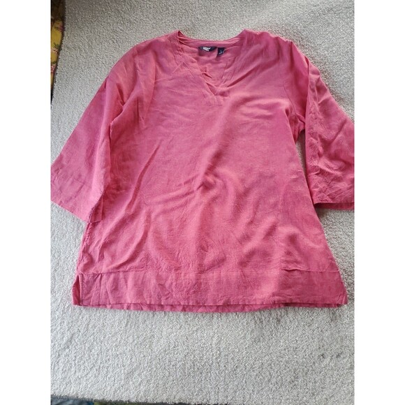 Lands End Women’s Large Pink Linen 3/4 Sleeve Side Slits Notch V-Neck Tunic Top - Picture 1 of 11